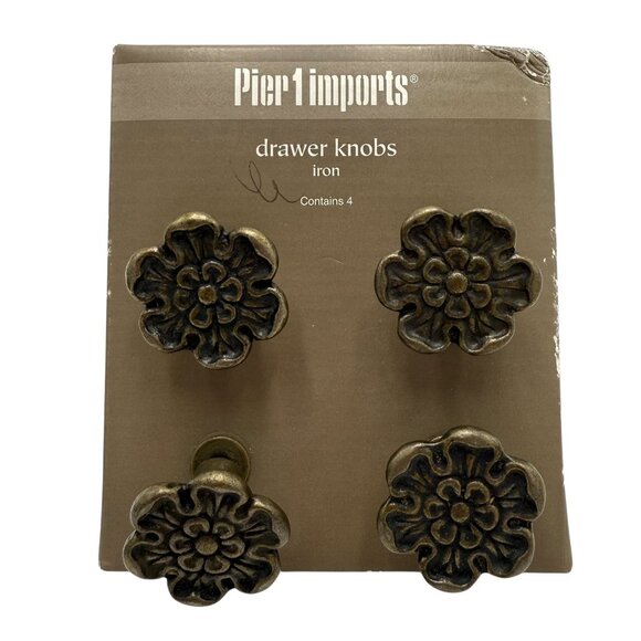 Pier 1 Iron Drawer Knobs Floral Flowers Set of 4 Whimsical Cottagecore NEW - Picture 1 of 7